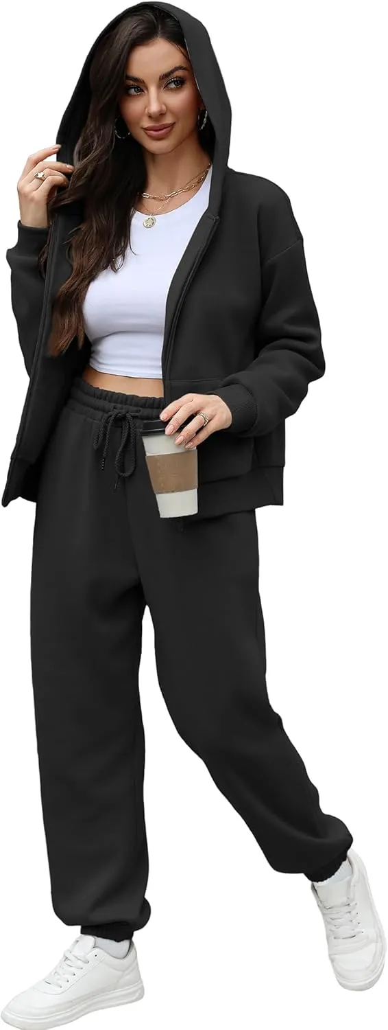 Saloogoe Sweatsuits Women 2 Piece Outfits 2024 Fall Fleece Sweatshirt Sets Zip Up Hoodie Sets Travel Lounge Sets