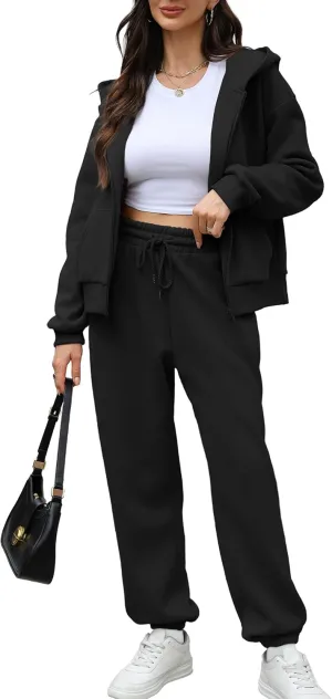 Saloogoe Sweatsuits Women 2 Piece Outfits 2024 Fall Fleece Sweatshirt Sets Zip Up Hoodie Sets Travel Lounge Sets