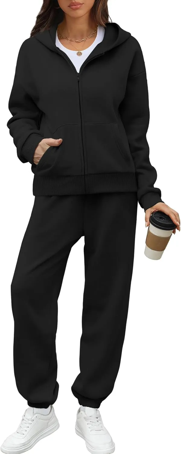 Saloogoe Sweatsuits Women 2 Piece Outfits 2024 Fall Fleece Sweatshirt Sets Zip Up Hoodie Sets Travel Lounge Sets
