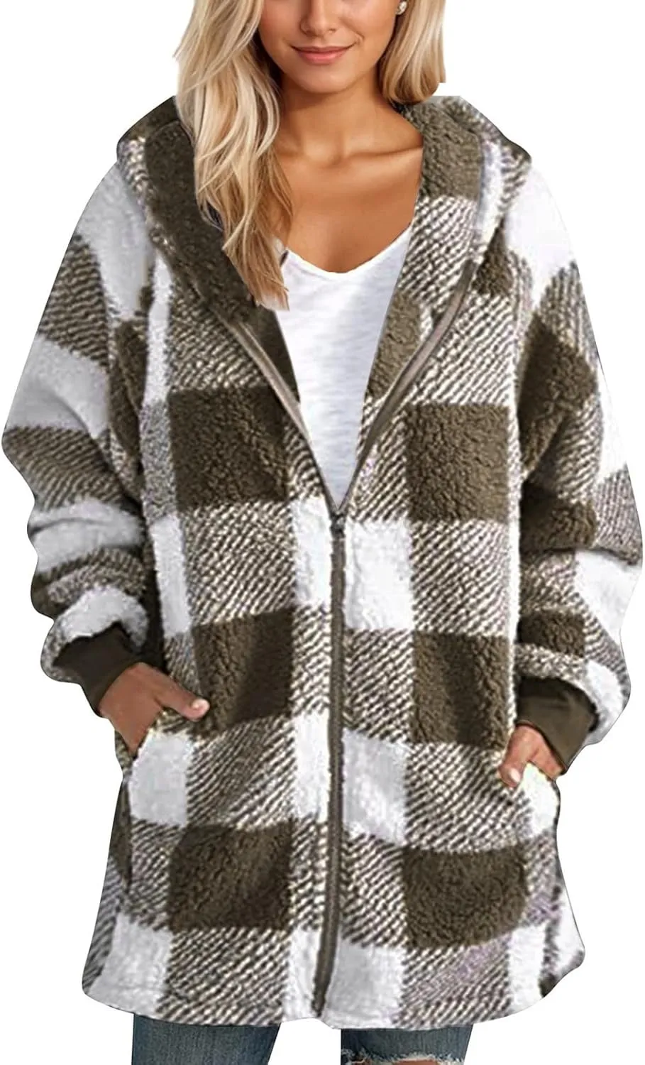 Sherpa Fleece Jacket Women Full Zip Up Plus Size Plaid Shacket Oversized Hooded Sweatshirt Trendy Winter Coat Outwear