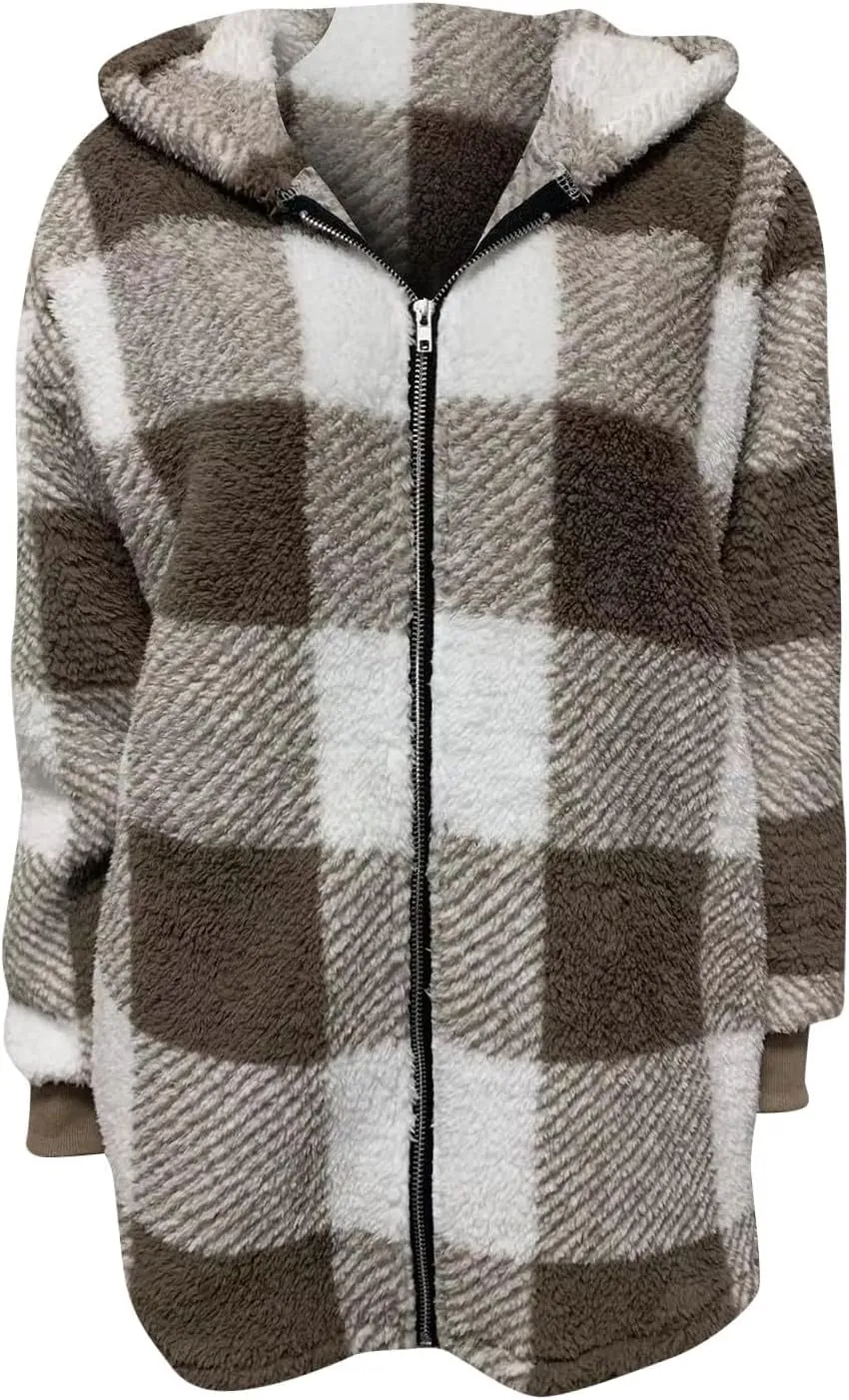 Sherpa Fleece Jacket Women Full Zip Up Plus Size Plaid Shacket Oversized Hooded Sweatshirt Trendy Winter Coat Outwear