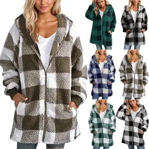 Sherpa Fleece Jacket Women Full Zip Up Plus Size Plaid Shacket Oversized Hooded Sweatshirt Trendy Winter Coat Outwear