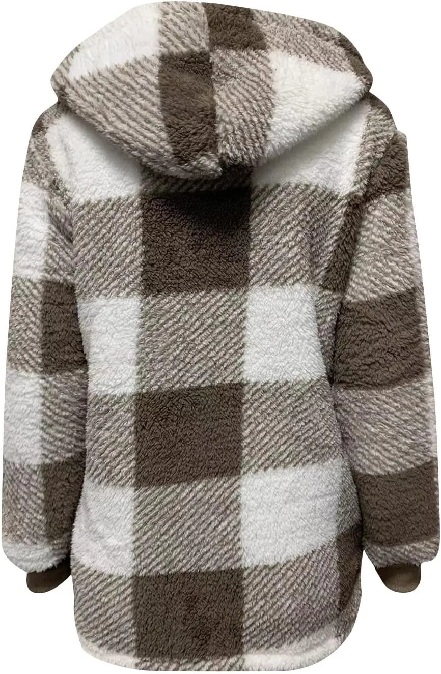 Sherpa Fleece Jacket Women Full Zip Up Plus Size Plaid Shacket Oversized Hooded Sweatshirt Trendy Winter Coat Outwear