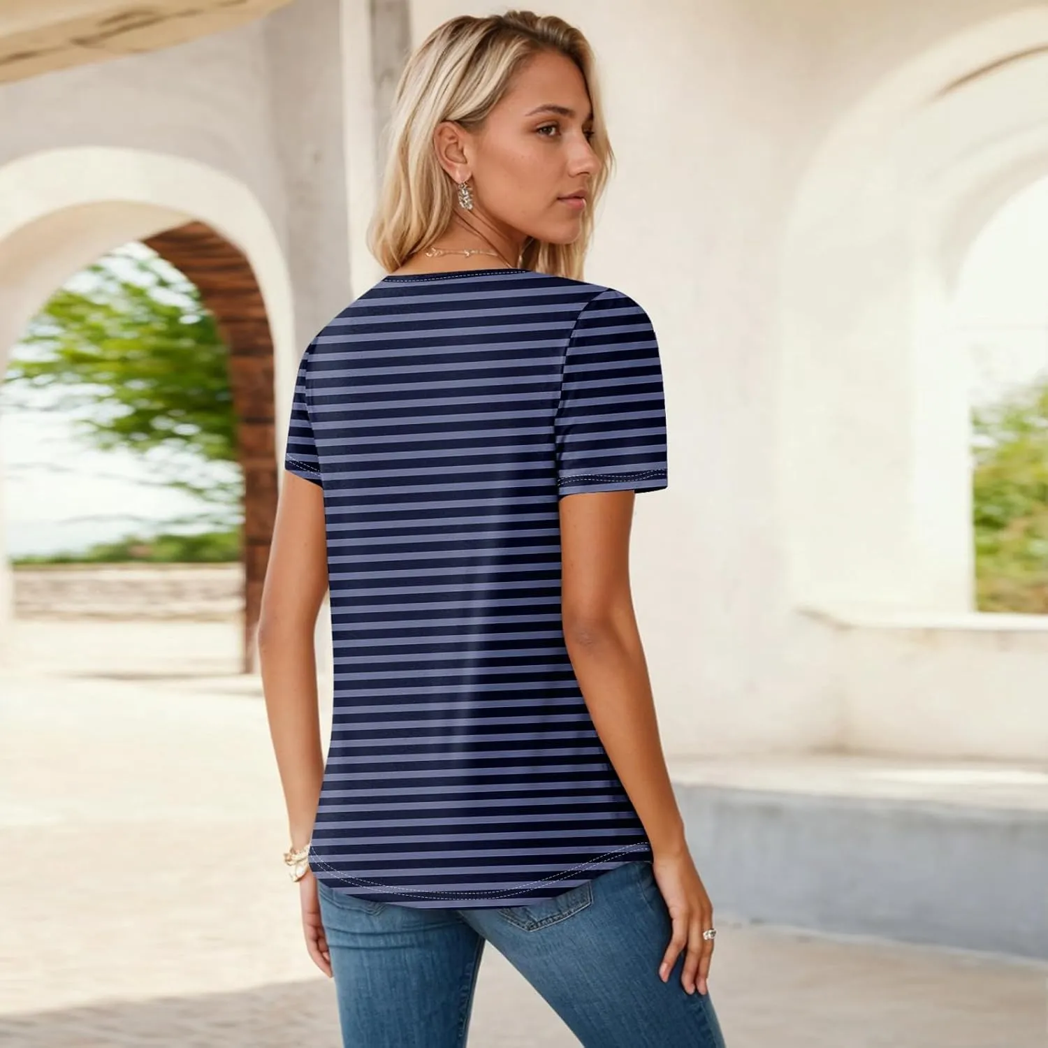 Shirts for Women Summer Short Sleeve Tops Dressy Casual Pleated Round Neck Blouses Dressy Spring Cute Striped Clothes