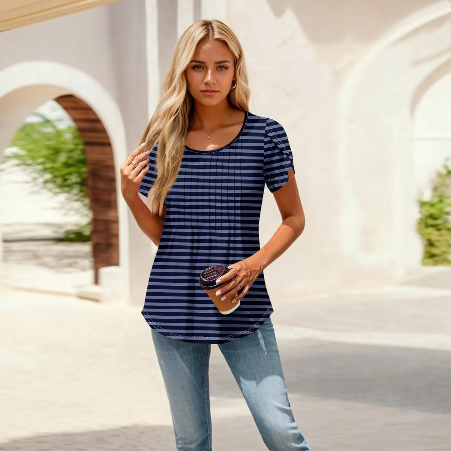 Shirts for Women Summer Short Sleeve Tops Dressy Casual Pleated Round Neck Blouses Dressy Spring Cute Striped Clothes