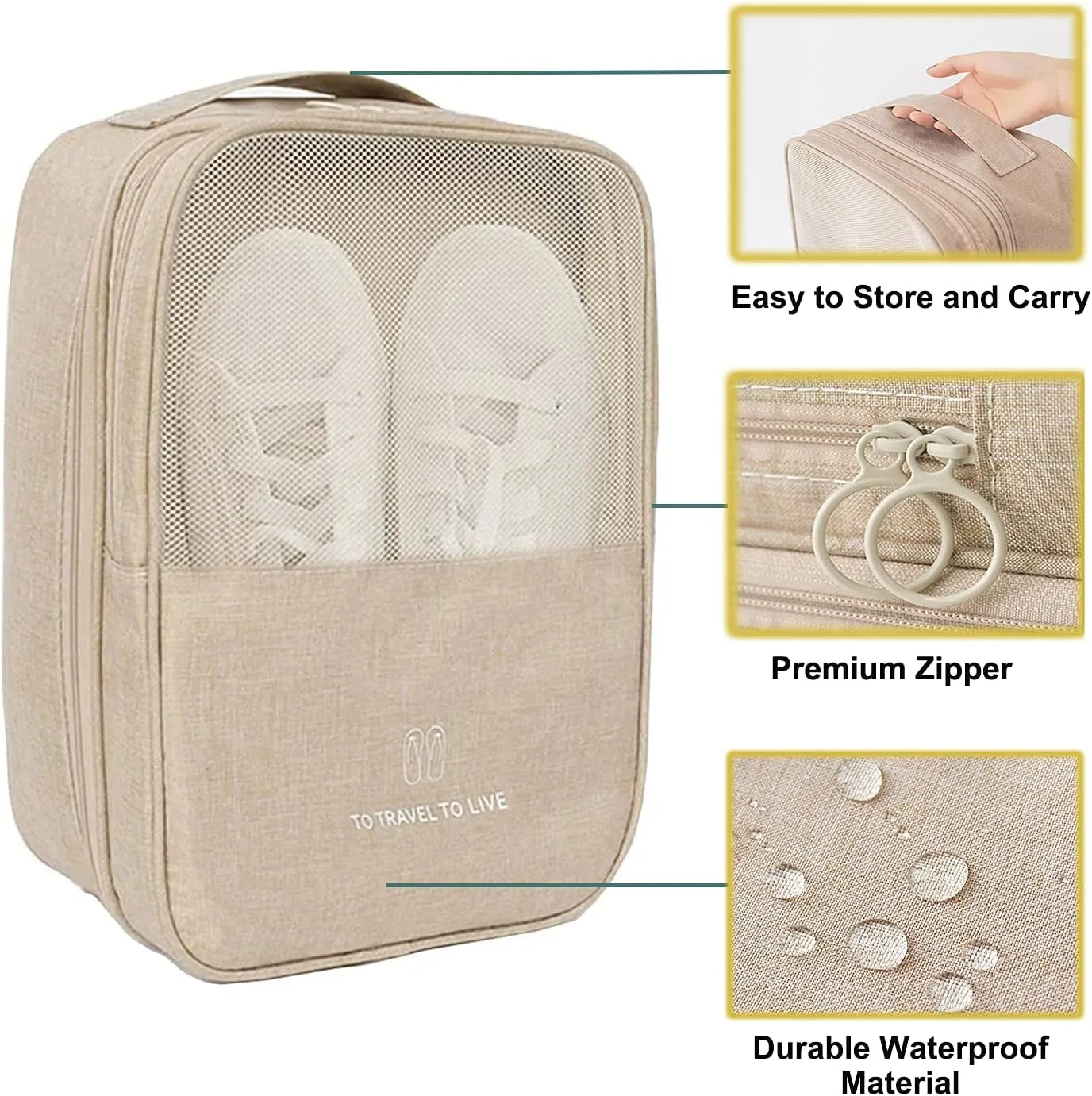 Shoe Bag,Travel Shoe Bag Waterproof Portable Organizer Storage Shoe Pouch Holds 3 Pair of Shoes (Beige)