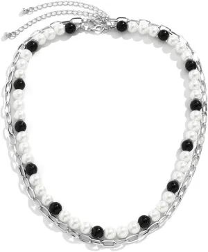 Silver Chain Necklace Men, Alloy Necklaces for Men Double Layer with Pearls White Pearl Chain Necklaces 52cm