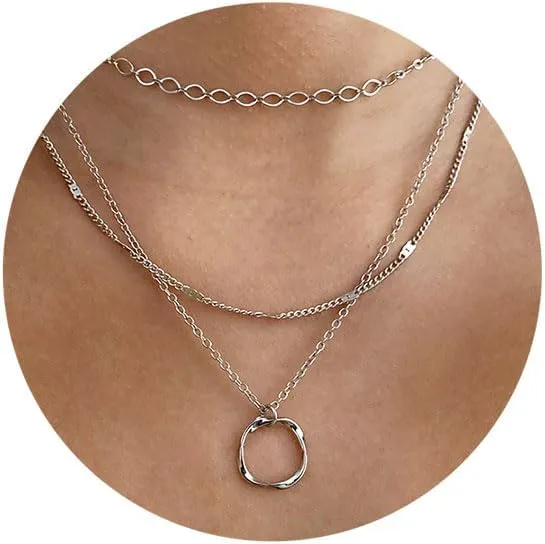Silver Layered Necklaces for Women Trendy, Stackable Dainty Choker Necklaces Layering Circle Bar Pendant Chain Necklace Jewelry