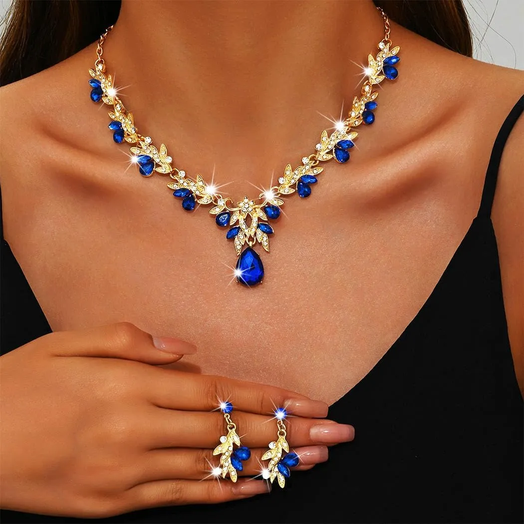Sixexey Bridal Wedding Jewelry Set Gold Crystal Rhinestone Neck Jewelry Prom Costume Jewelry Necklace for Women