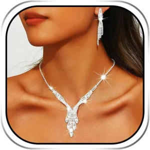 Sixexey Rhinestone Bridal Wedding Jewelry Set Sparkly Silver Crystal Jewelry Necklace Prom Elegant Costume Jewelry for Women