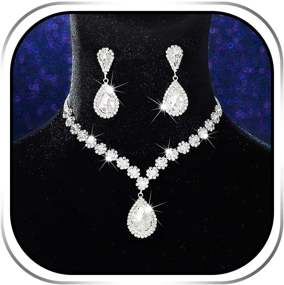 Sixexey Rhinestone Jewelry Set Silver Crystal Jewelry Sparkly Wedding Prom Party Costume Jewelry Necklace for Women
