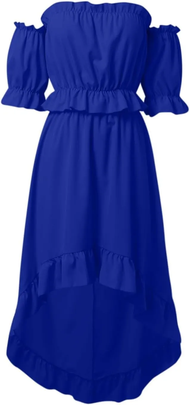 Skirts Sets Women 2 Piece Outfits Summer Off Shoulder Ruffle Trim Puff Sleeve Tube Crop High Waist Flowy Maxi Skirt