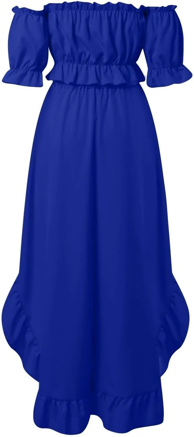 Skirts Sets Women 2 Piece Outfits Summer Off Shoulder Ruffle Trim Puff Sleeve Tube Crop High Waist Flowy Maxi Skirt