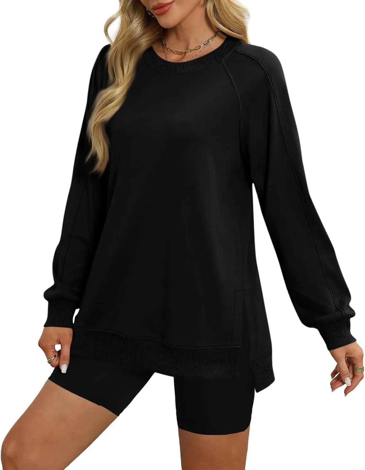 slqdgmryz Crewneck Sweatshirts Women Side Split Oversized Sweatshirt No Hood Crew Neck Y2k Hoodie Long Sleeve Tunic Pullover