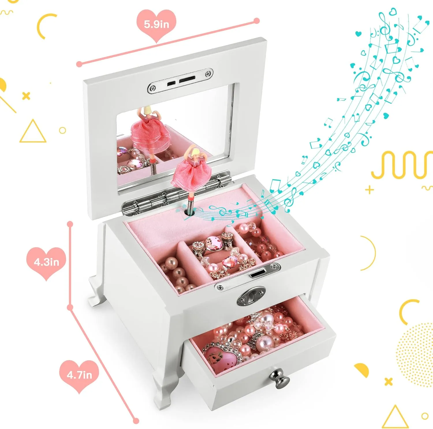 Small Ballerina Musical Jewelry Box with Mirror for GirlsWhite Kid's Jewelry Storage Music Box,Children's Jewelry organizer Music Jewelry Chest