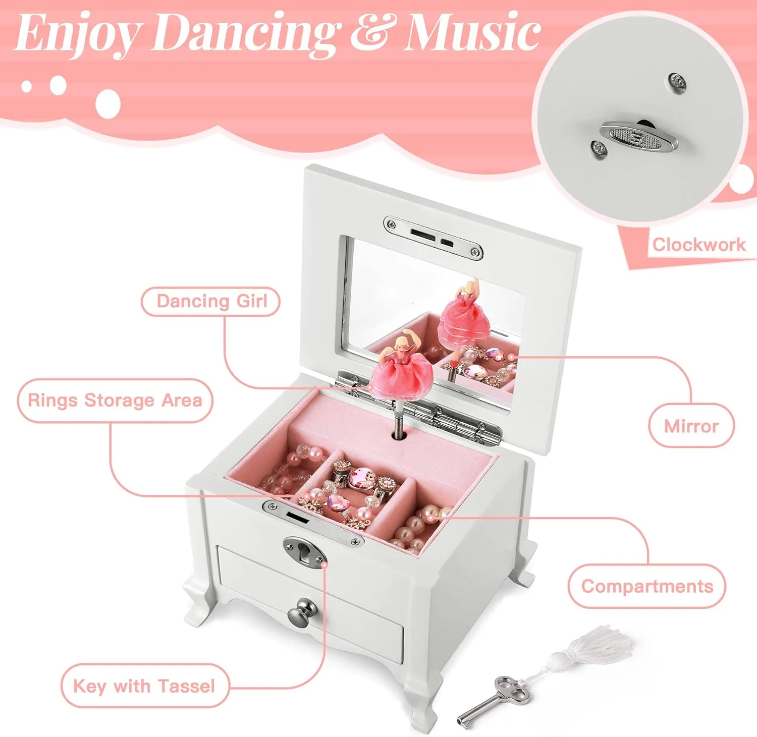 Small Ballerina Musical Jewelry Box with Mirror for GirlsWhite Kid's Jewelry Storage Music Box,Children's Jewelry organizer Music Jewelry Chest