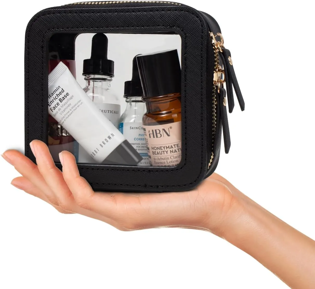 Small Makeup Case Organizer Travel Clear Cosmetic Bag for Women TSA Approved Portable Toiletry Bag Multipurpose Leather Makeup Bag Waterproof Leather Make Up Pouch with Zipper