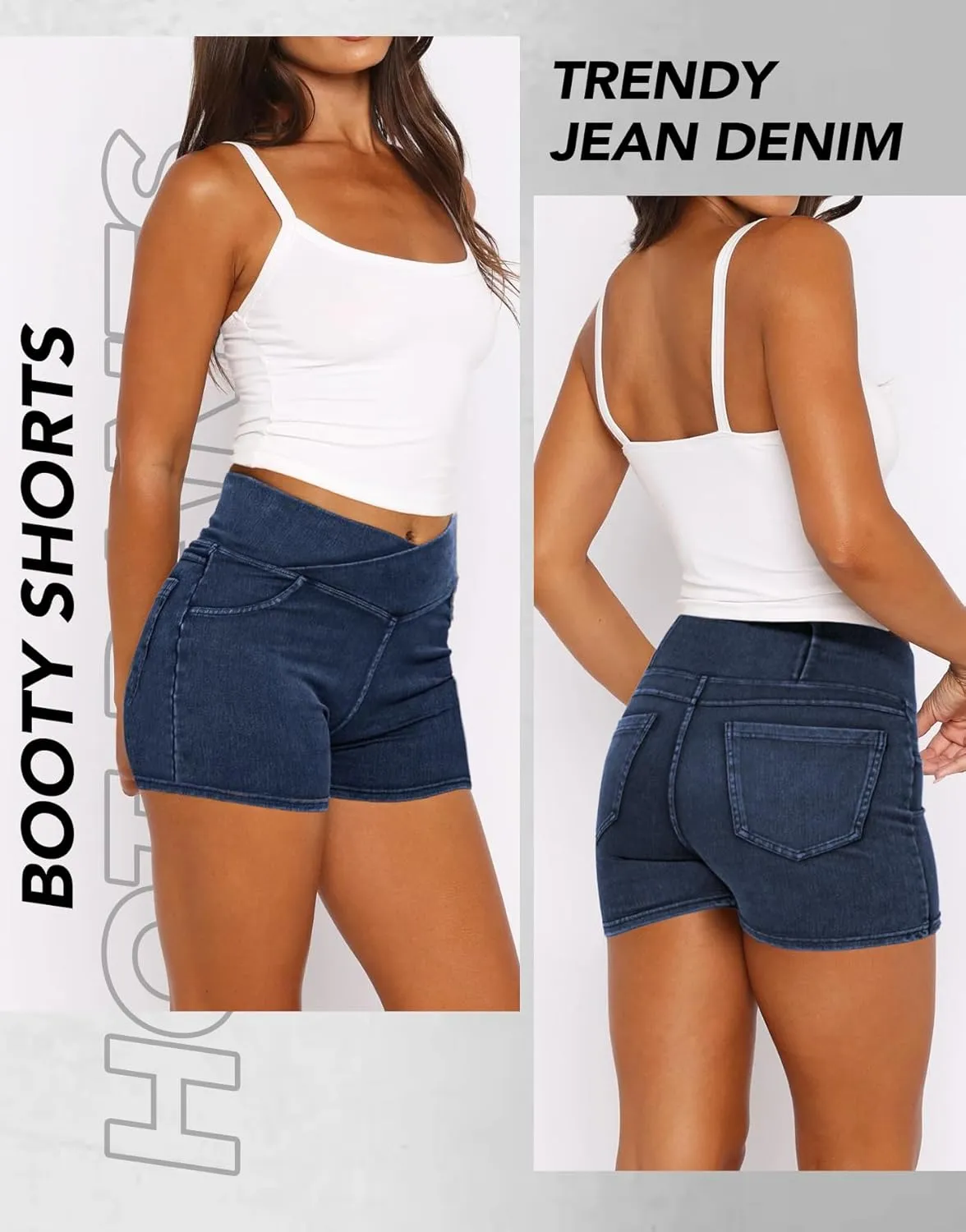 Stretchy Jean Shorts for Women High Waisted Crossover Denim Shorts with Pockets Women Summer Casual Shorts