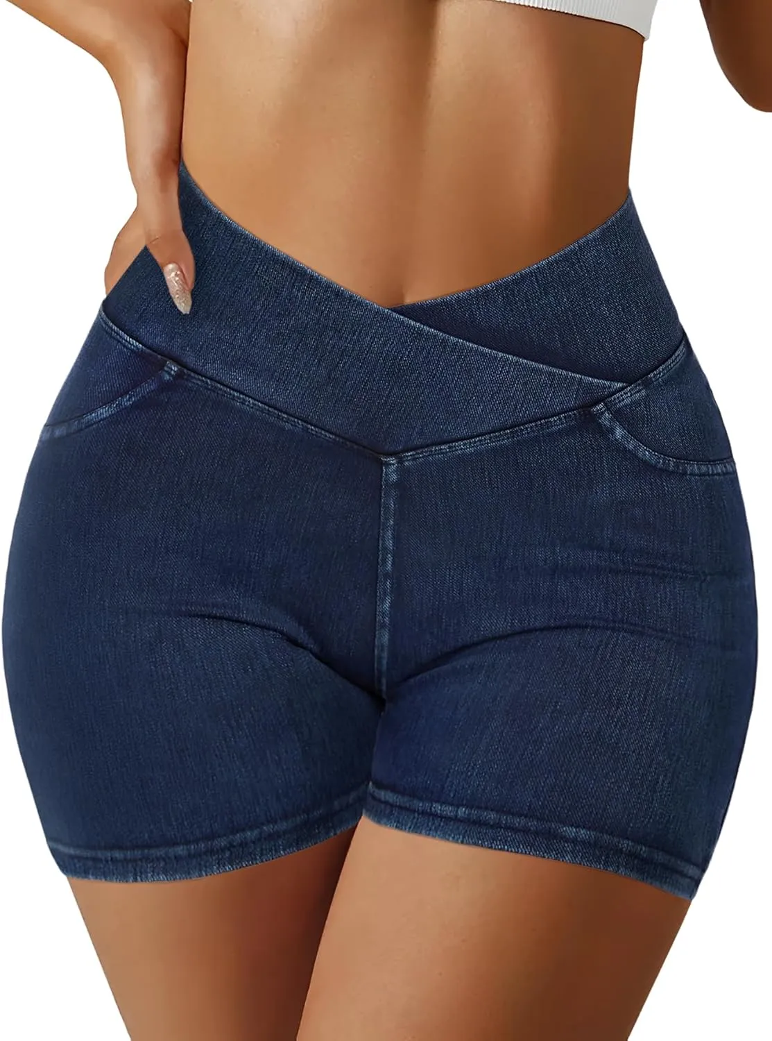 Stretchy Jean Shorts for Women High Waisted Crossover Denim Shorts with Pockets Women Summer Casual Shorts