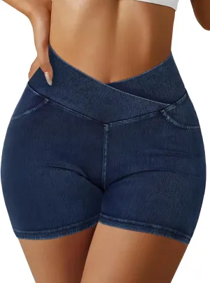 Stretchy Jean Shorts for Women High Waisted Crossover Denim Shorts with Pockets Women Summer Casual Shorts