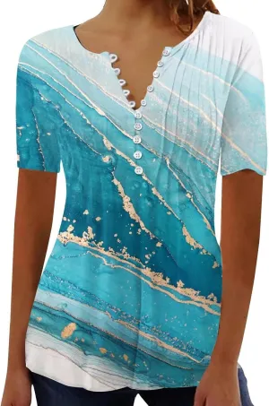 Summer Blouses for Women 2025,Trendy Boho Floral Tunic Shirts Short Sleeve Button V Neck Tshirt Casual Relaxed Tops