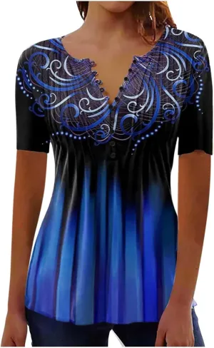 Summer Blouses for Women 2025,Trendy Boho Patchwork Tunic Shirts Short Sleeve Button Vneck Tshirt Casual Loose Blouse
