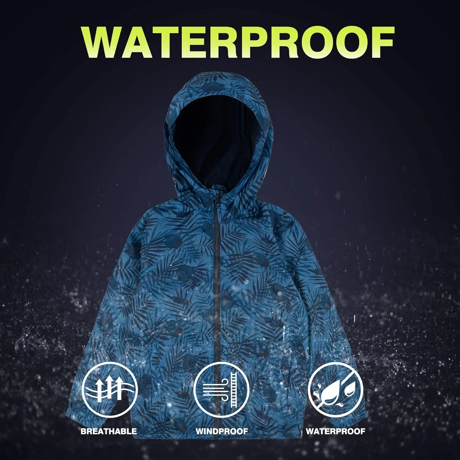 SUNDAY ROSE Boys Rain Jacket Lightweight Breathable Raincoat Waterproof Hooded Windbreaker For Kids