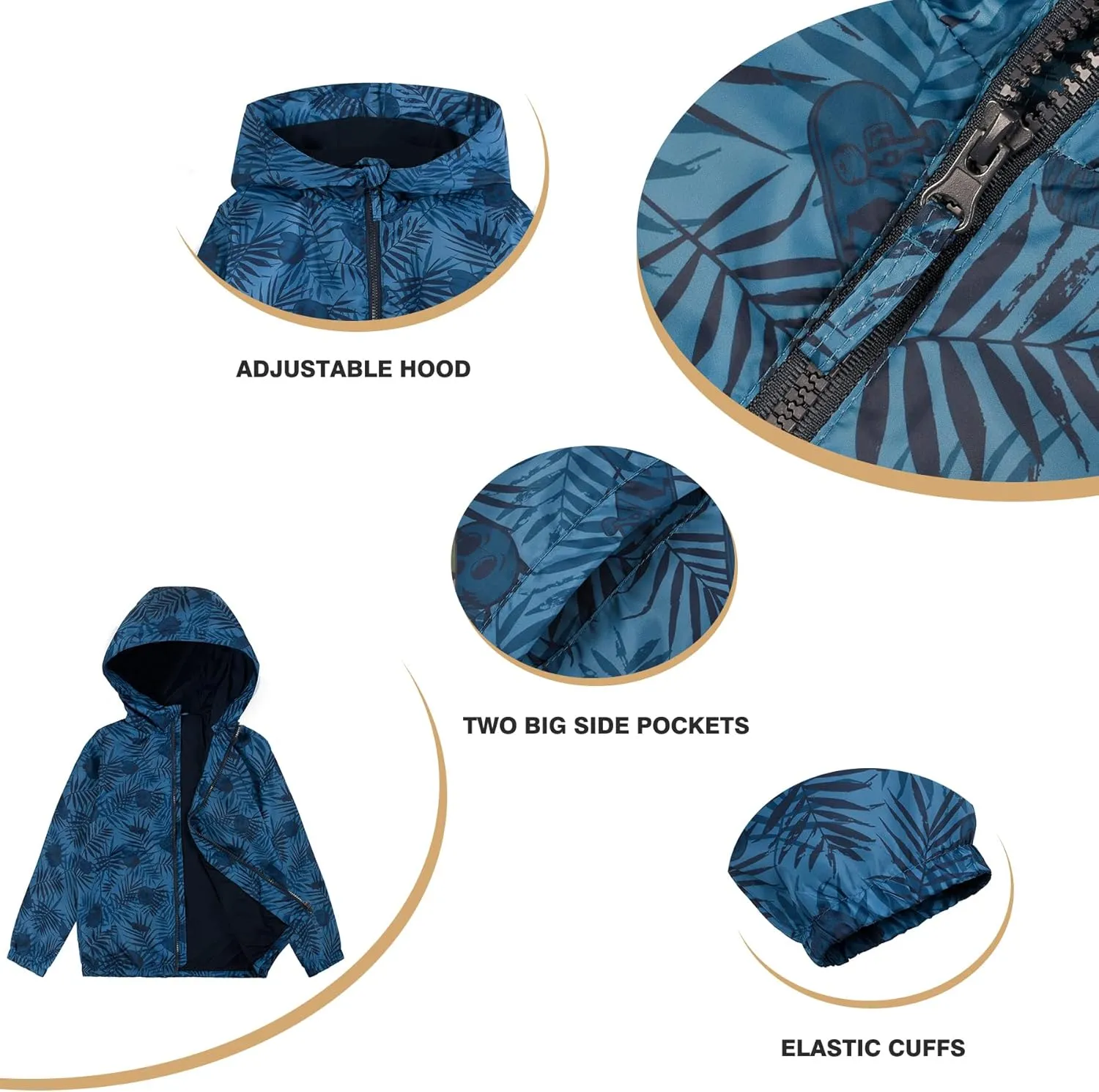 SUNDAY ROSE Boys Rain Jacket Lightweight Breathable Raincoat Waterproof Hooded Windbreaker For Kids