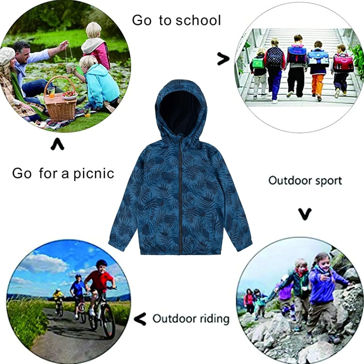 SUNDAY ROSE Boys Rain Jacket Lightweight Breathable Raincoat Waterproof Hooded Windbreaker For Kids