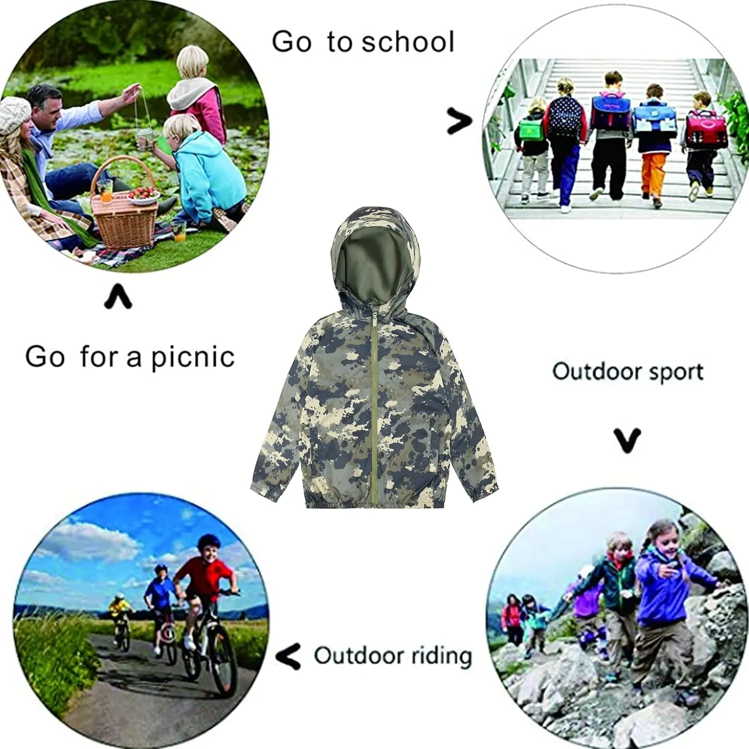 SUNDAY ROSE Boys Rain Jacket Lightweight Breathable Raincoat Waterproof Hooded Windbreaker For Kids