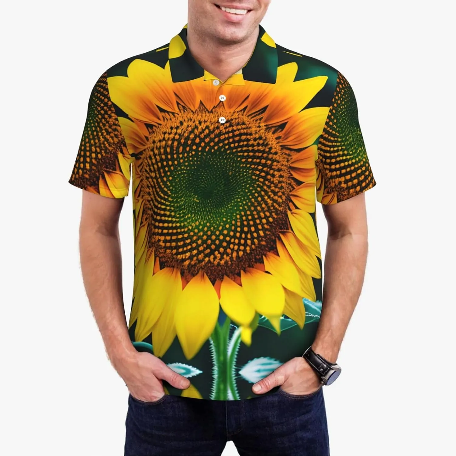 Sunflower Pattern Print Men's Polo Shirts Short Sleeve Moisture Wicking Shirts Fashion Golf Shirts