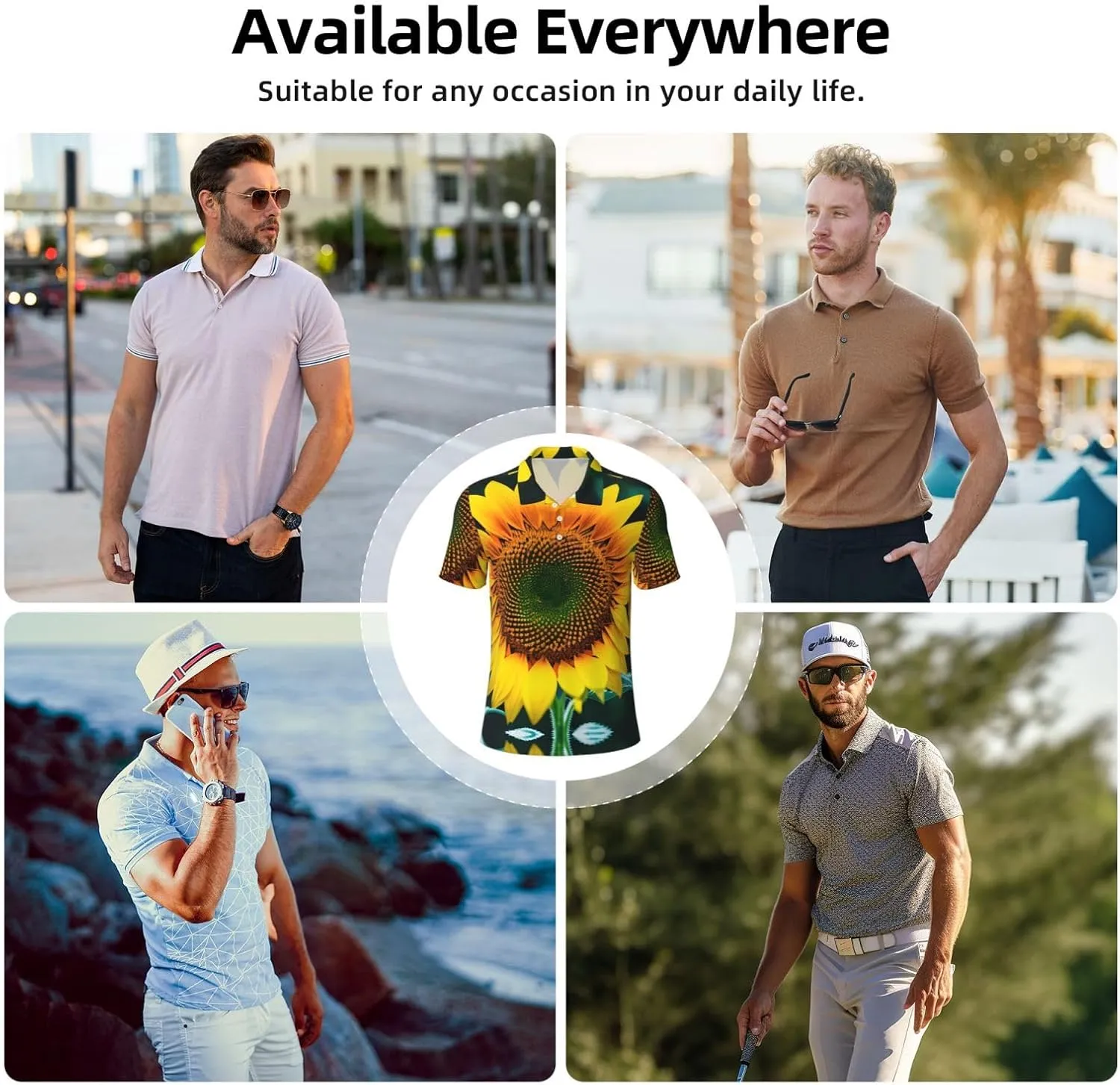 Sunflower Pattern Print Men's Polo Shirts Short Sleeve Moisture Wicking Shirts Fashion Golf Shirts