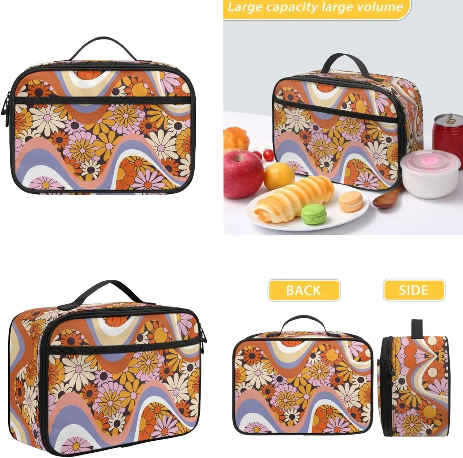 Swirl Flowers School Backpack for Girls Boys Kid's Backpack Colorful Hippie Flower Schoolbag and Insulated Lunch Bag, 17 Inch Bookbag for Primary Secondary School, Back to School