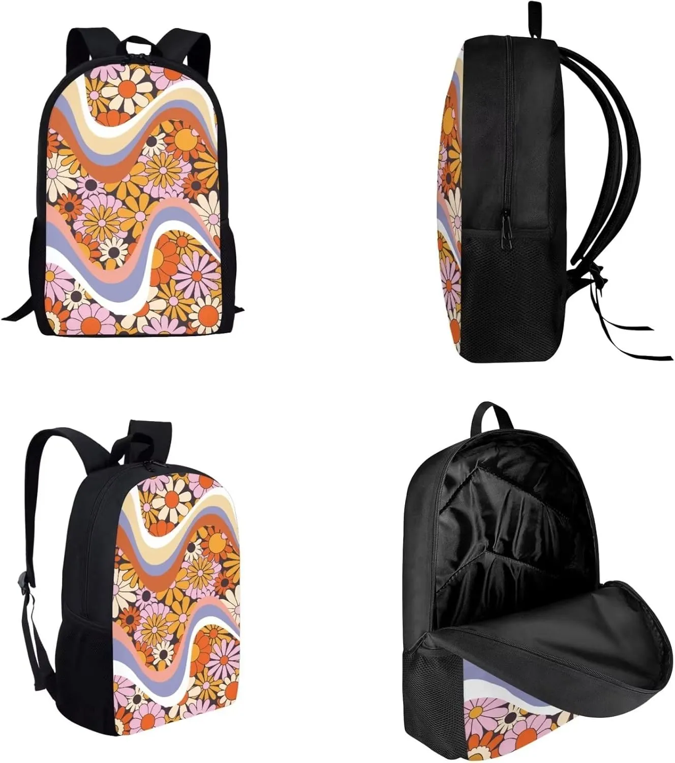 Swirl Flowers School Backpack for Girls Boys Kid's Backpack Colorful Hippie Flower Schoolbag and Insulated Lunch Bag, 17 Inch Bookbag for Primary Secondary School, Back to School