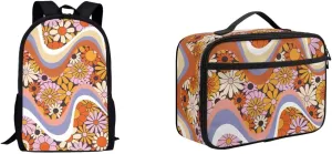 Swirl Flowers School Backpack for Girls Boys Kid's Backpack Colorful Hippie Flower Schoolbag and Insulated Lunch Bag, 17 Inch Bookbag for Primary Secondary School, Back to School