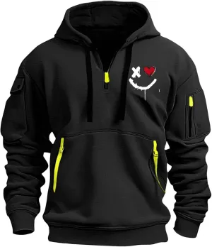 Tactical Hoodies for Men Vintage Heavyweight Quarter Zip Pullover Casual Oversized Long Sleeve Sweatshirt with Pockets