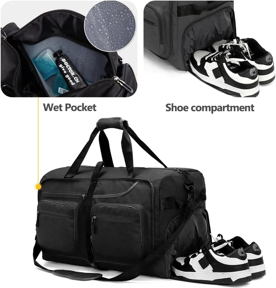 Travel Duffel Bag, 65L Foldable Travel Duffle Bag with Shoes Compartment and wet pocket, Waterproof & Tear Resistant