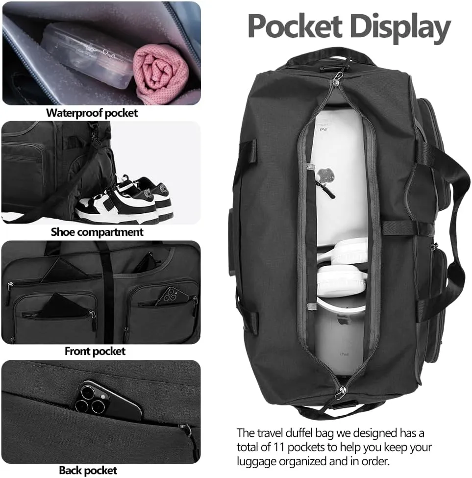 Travel Duffel Bag, 65L Foldable Travel Duffle Bag with Shoes Compartment and wet pocket, Waterproof & Tear Resistant