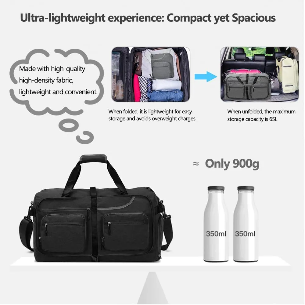 Travel Duffel Bag, 65L Foldable Travel Duffle Bag with Shoes Compartment and wet pocket, Waterproof & Tear Resistant
