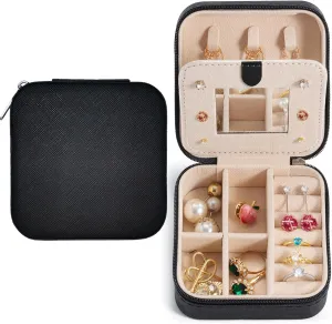 Travel Jewelry Case with Mirror, Jewelry Organizer Box, Small Jewelry Organizer Jewelry Travel Organizer for Rings, Necklace, Earrings - Black