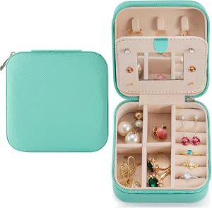 Travel Jewelry Case with Mirror, Jewelry Organizer Box, Small Jewelry Organizer Jewelry Travel Organizer for Rings, Necklace, Earrings - Blue