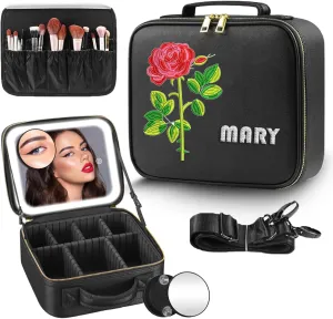 Travel Makeup Bag with LED Mirror - Personalized Makeup Bag with Name & Birth Flower Portable Cosmetic Case Custom Bags Gift for Girlfriend Wife Mom Bestie Gift (Black)