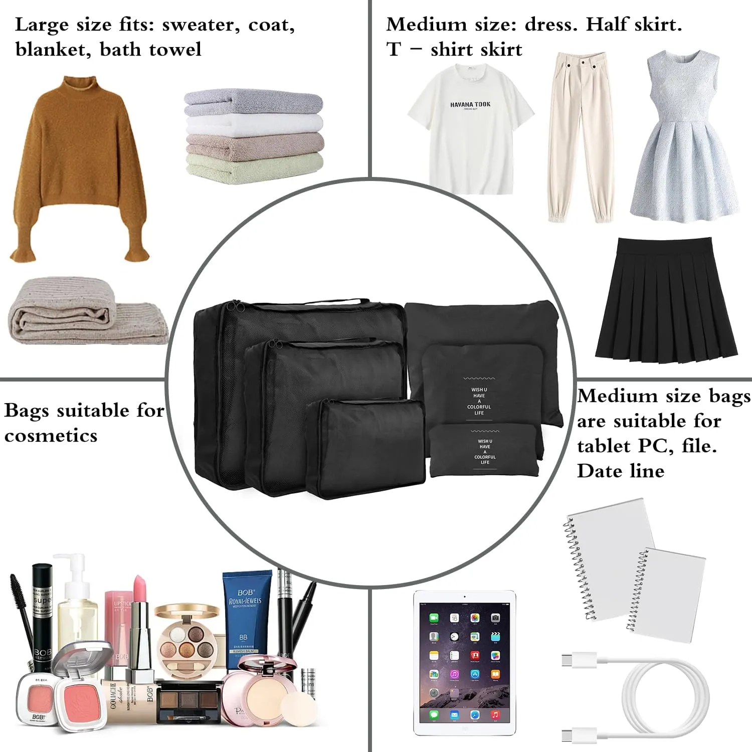 Travel Packing Cubes 6 Set, Lightweight Luggage Organizers, Essential Accessories for Clothes Shoes Electronics Cosmetics Toiletries(Black)