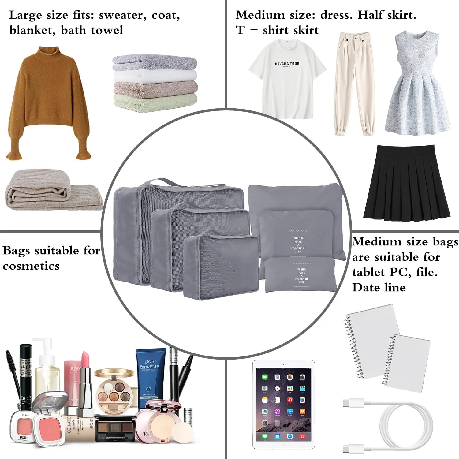 Travel Packing Cubes 6 Set, Lightweight Luggage Organizers, Essential Accessories for Clothes Shoes Electronics Cosmetics Toiletries(Grey)