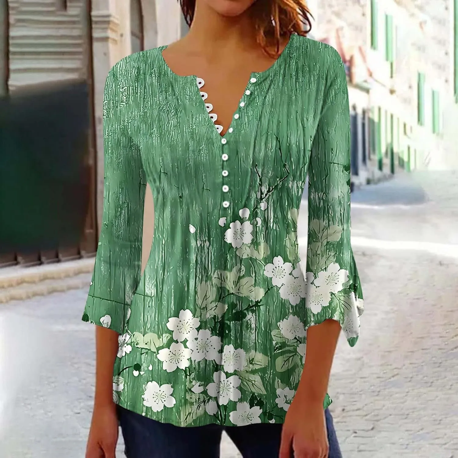 Tunic Henley Tops for Womens 2025 Trendy Boho Floral Print Tunics Shirts 3/4 Bell Sleeve Button V Neck Tshirt Blouses