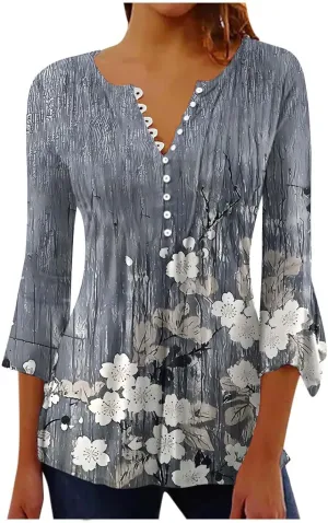 Tunic Henley Tops for Womens 2025 Trendy Boho Floral Print Tunics Shirts 3/4 Bell Sleeve Button V Neck Tshirt Blouses
