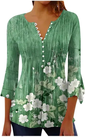 Tunic Henley Tops for Womens 2025 Trendy Boho Floral Print Tunics Shirts 3/4 Bell Sleeve Button V Neck Tshirt Blouses