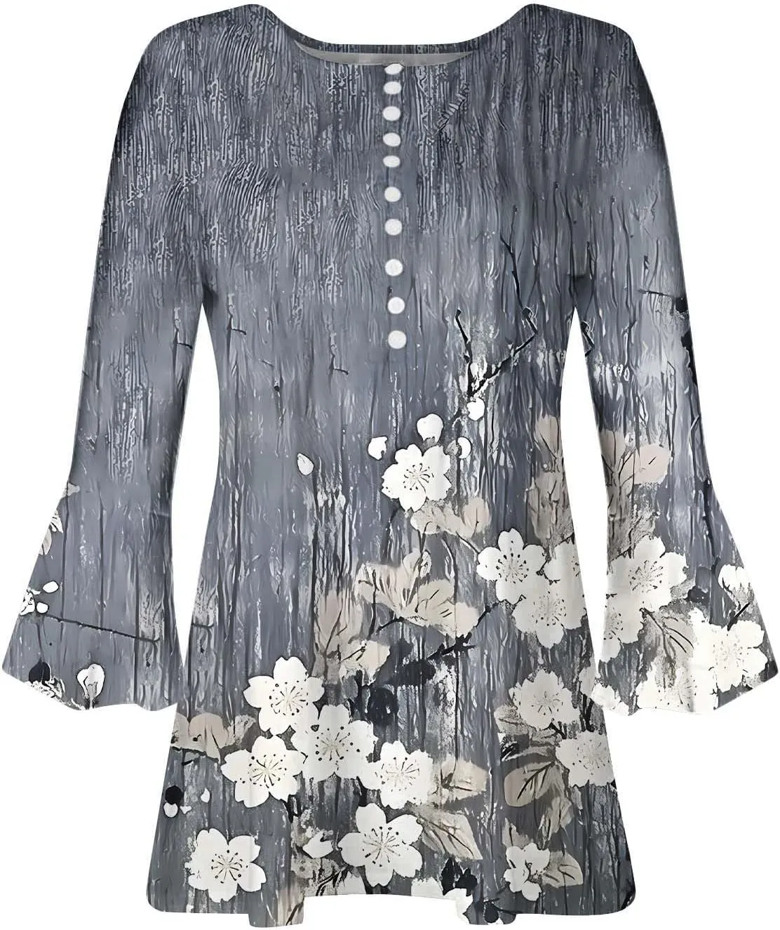 Tunic Henley Tops for Womens 2025 Trendy Boho Floral Print Tunics Shirts 3/4 Bell Sleeve Button V Neck Tshirt Blouses
