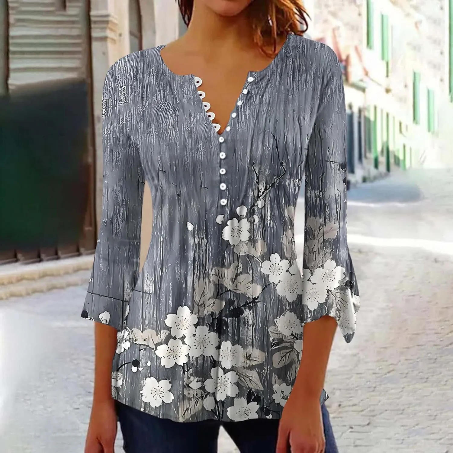 Tunic Henley Tops for Womens 2025 Trendy Boho Floral Print Tunics Shirts 3/4 Bell Sleeve Button V Neck Tshirt Blouses