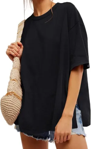 UNCLECAT Womens Oversized T Shirts Summer Trendy Short Sleeve Crew Neck Tops Loose Fit Side Slit Tee